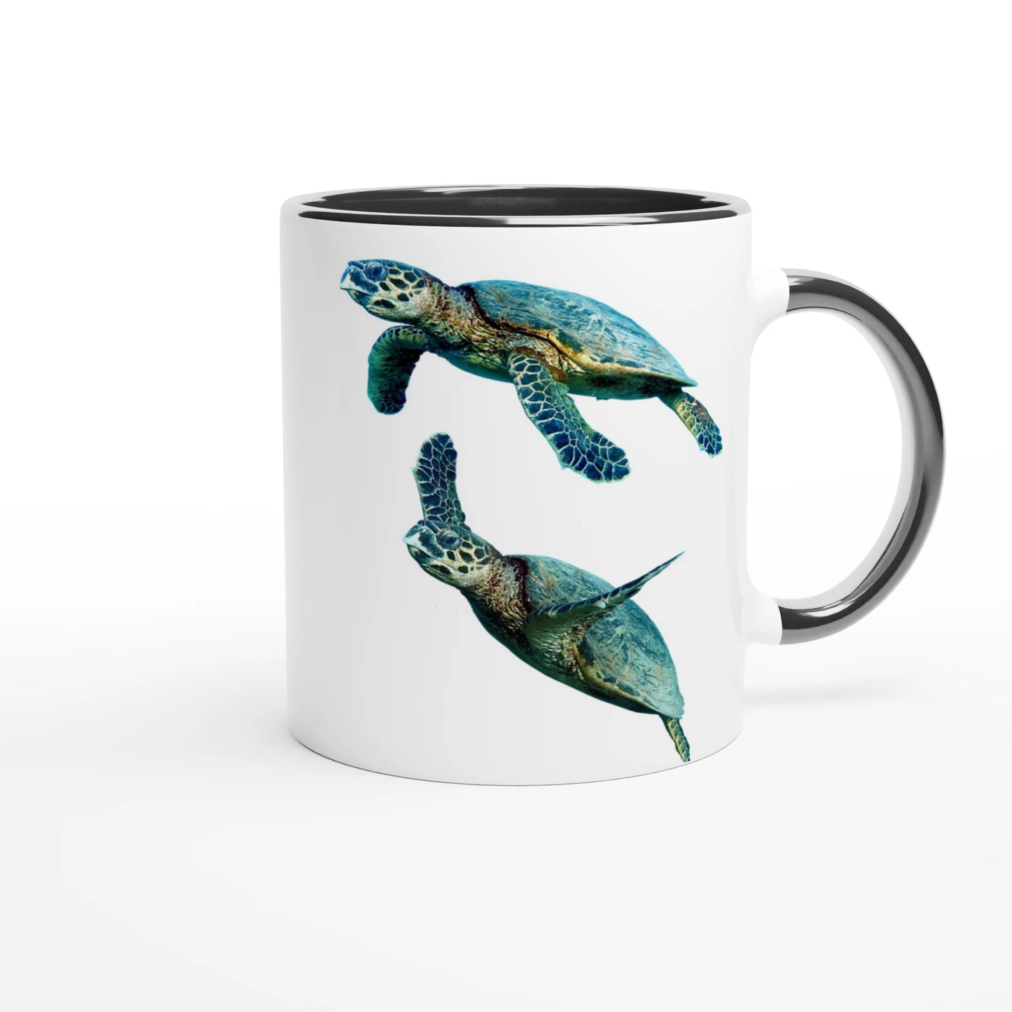 coffee mug with two sea turtle illustrations on a white background