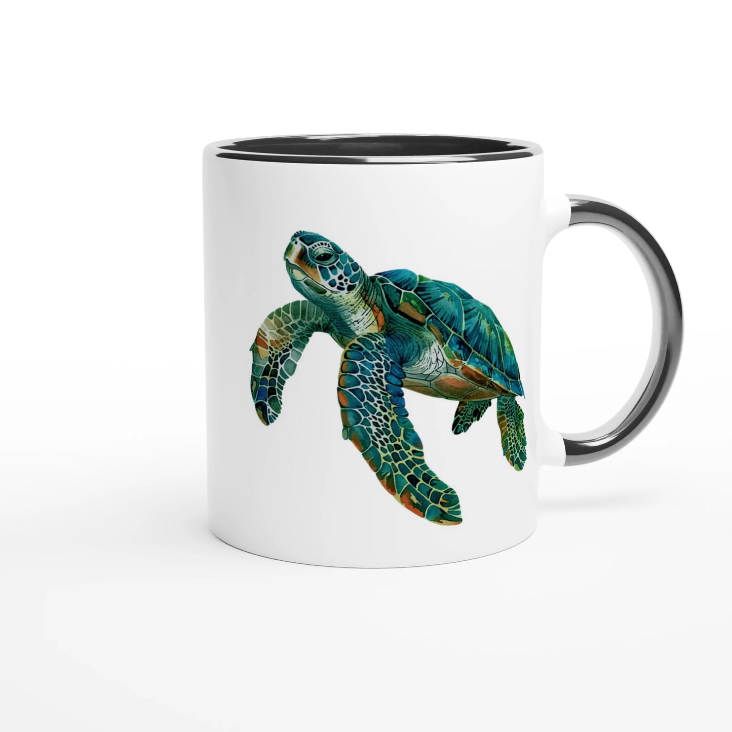 coffee mug with a green sea turtle design on a white background