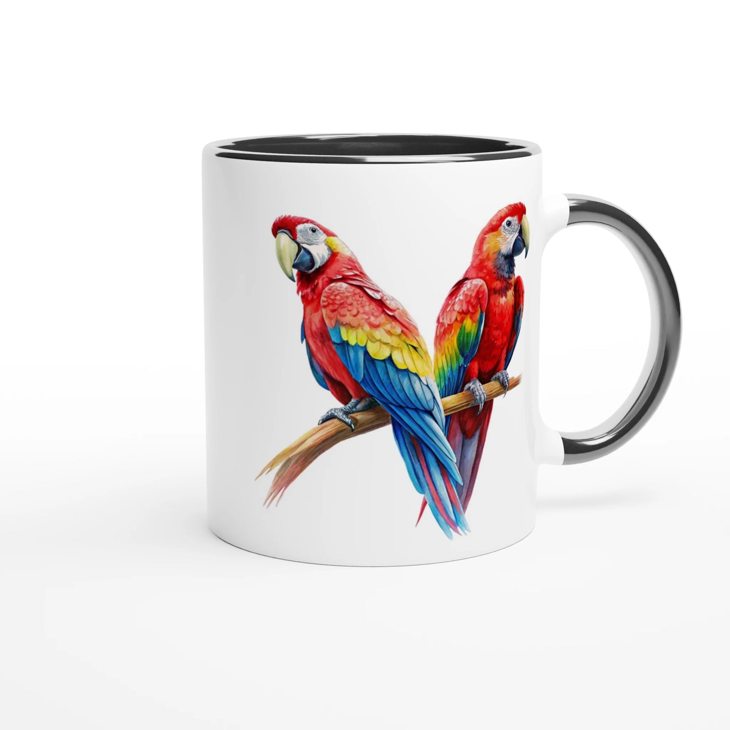 two red and blue macaw parrots decorating a whie coffee mug with a black handle