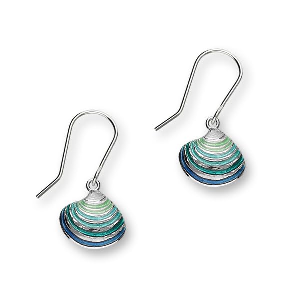 shell design drop earings in sterling silver and blue green enamel on a white background