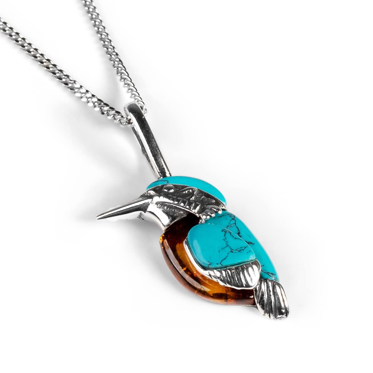 kingfisher design necklace in silver and gemstone
