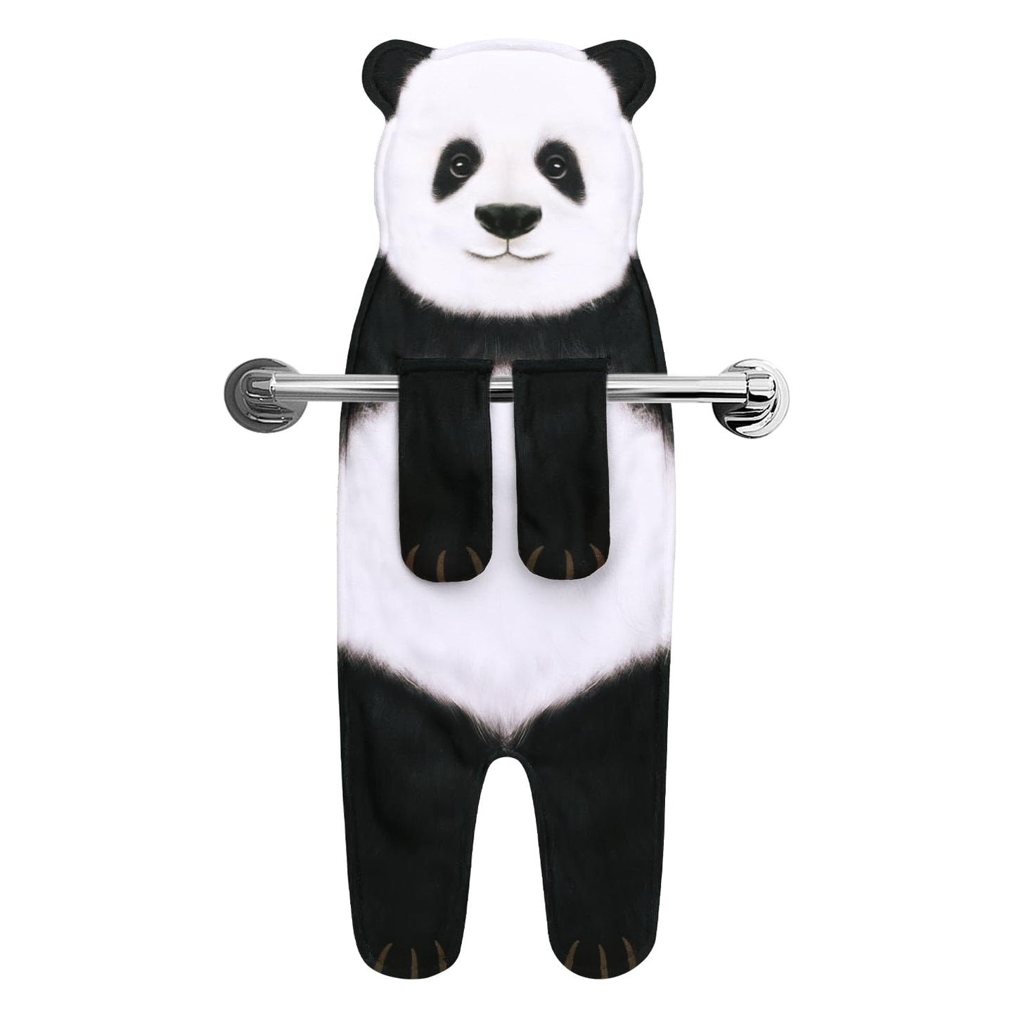 Panda-shaped towel hanging on a towel rail on a white background