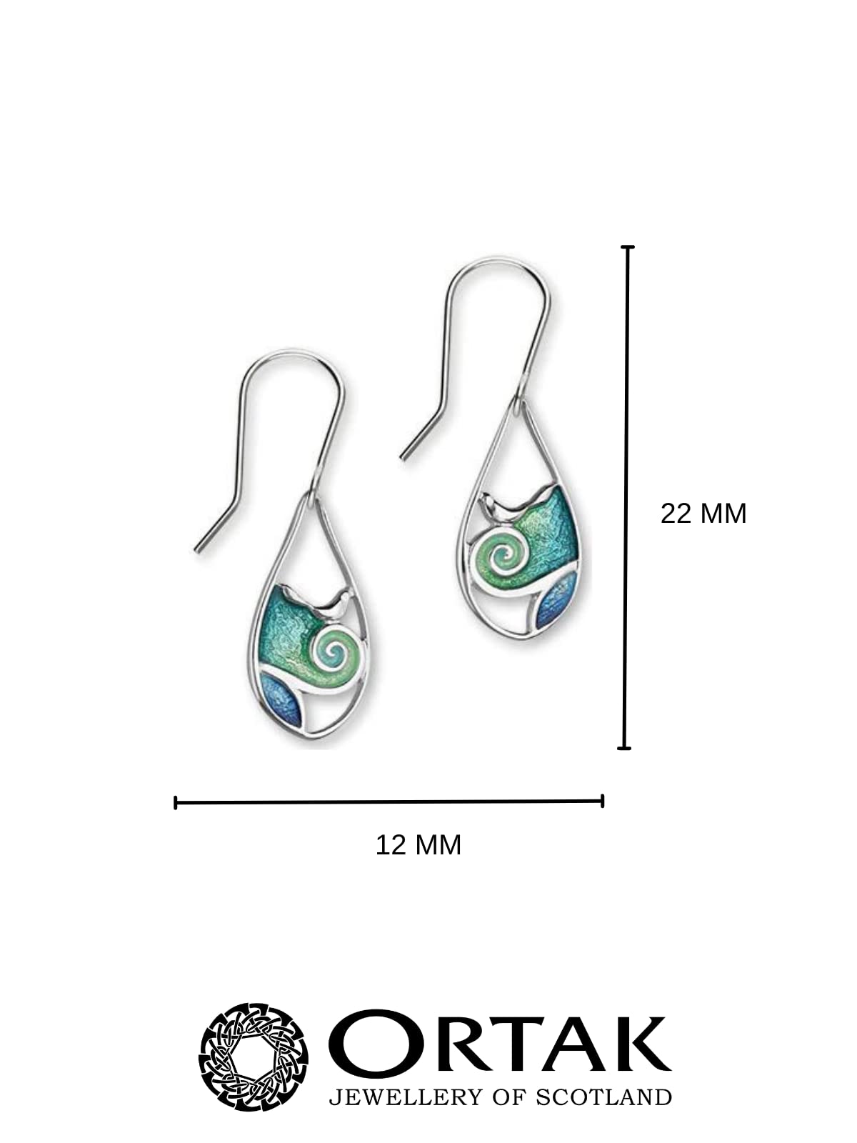 Ocean Wave Drop Earings in Sterling Silver and Blue Green Enamel