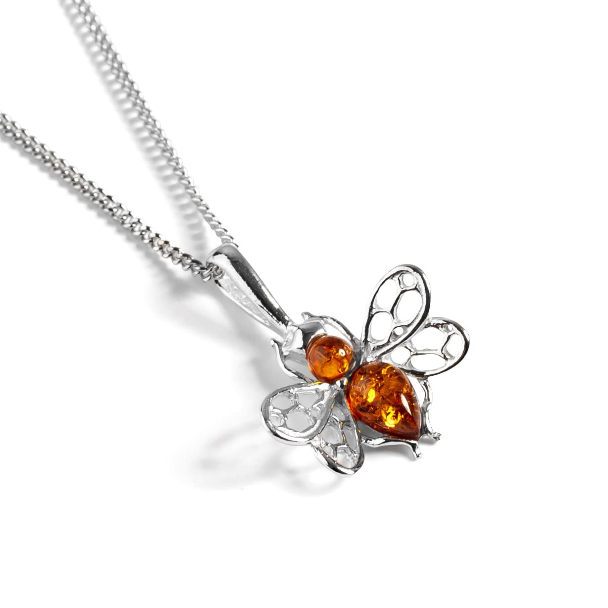 honey bee pendant necklace in silver and amber on a white background