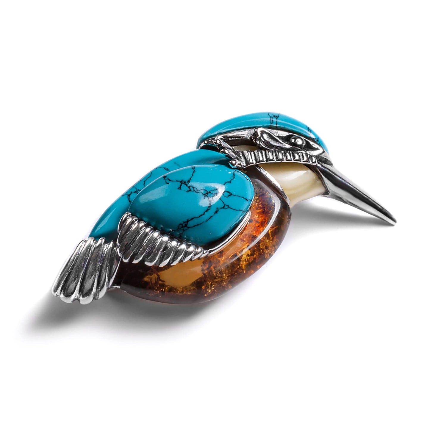 kingfisher design brooch in silver with amber and turquoise