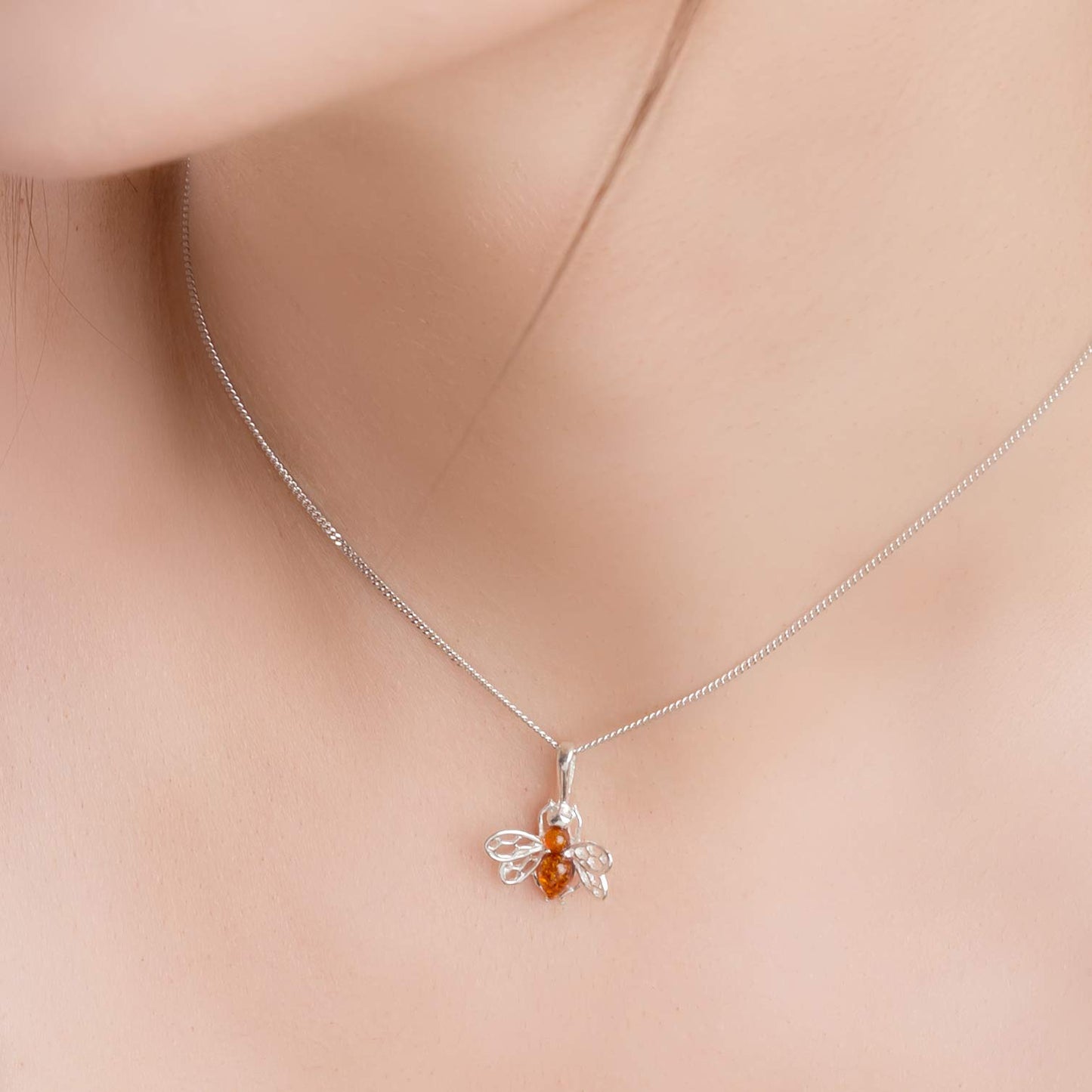 Honey Bee Necklace in Silver and Cognac Amber