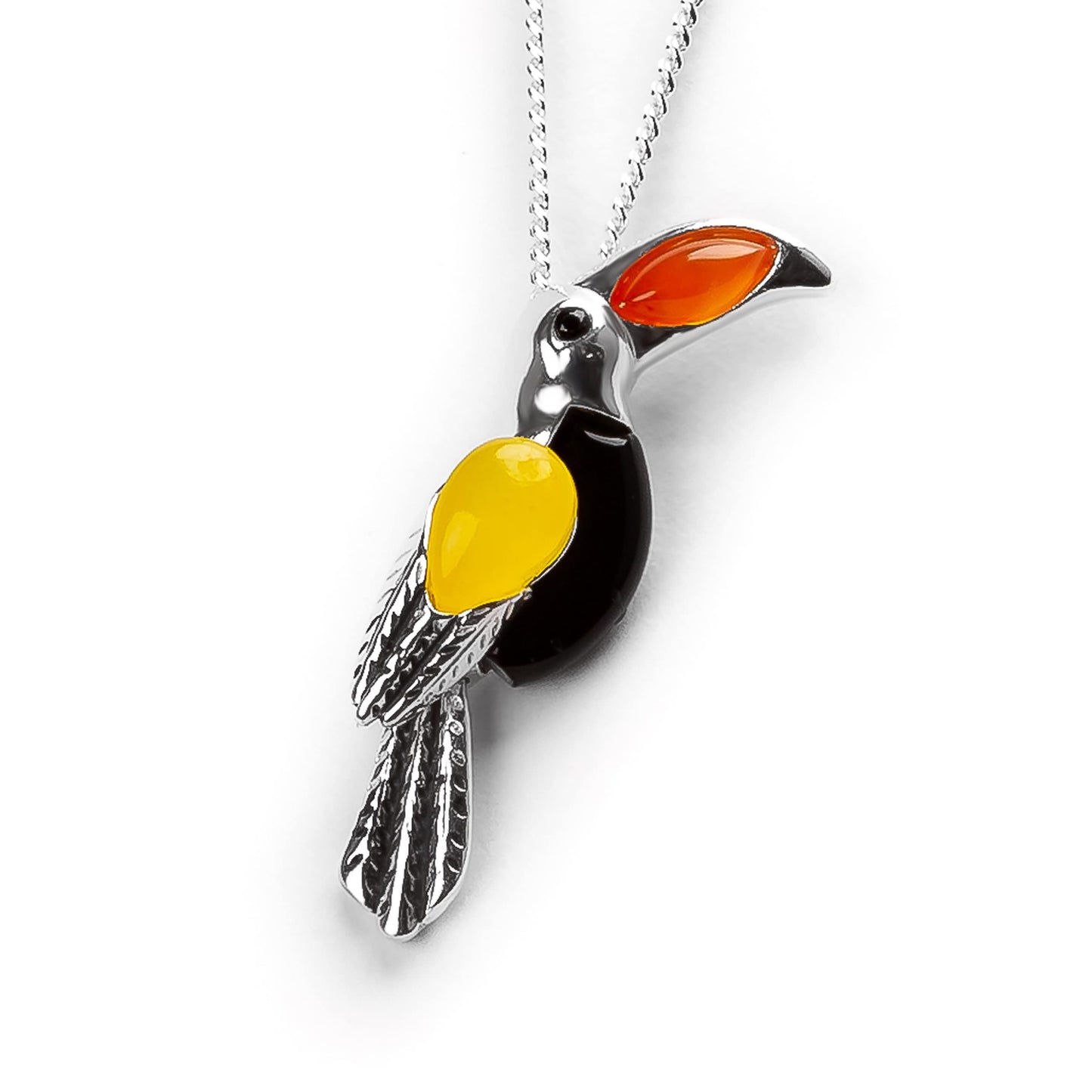 toucan design necklace in silver with camelian and onyx