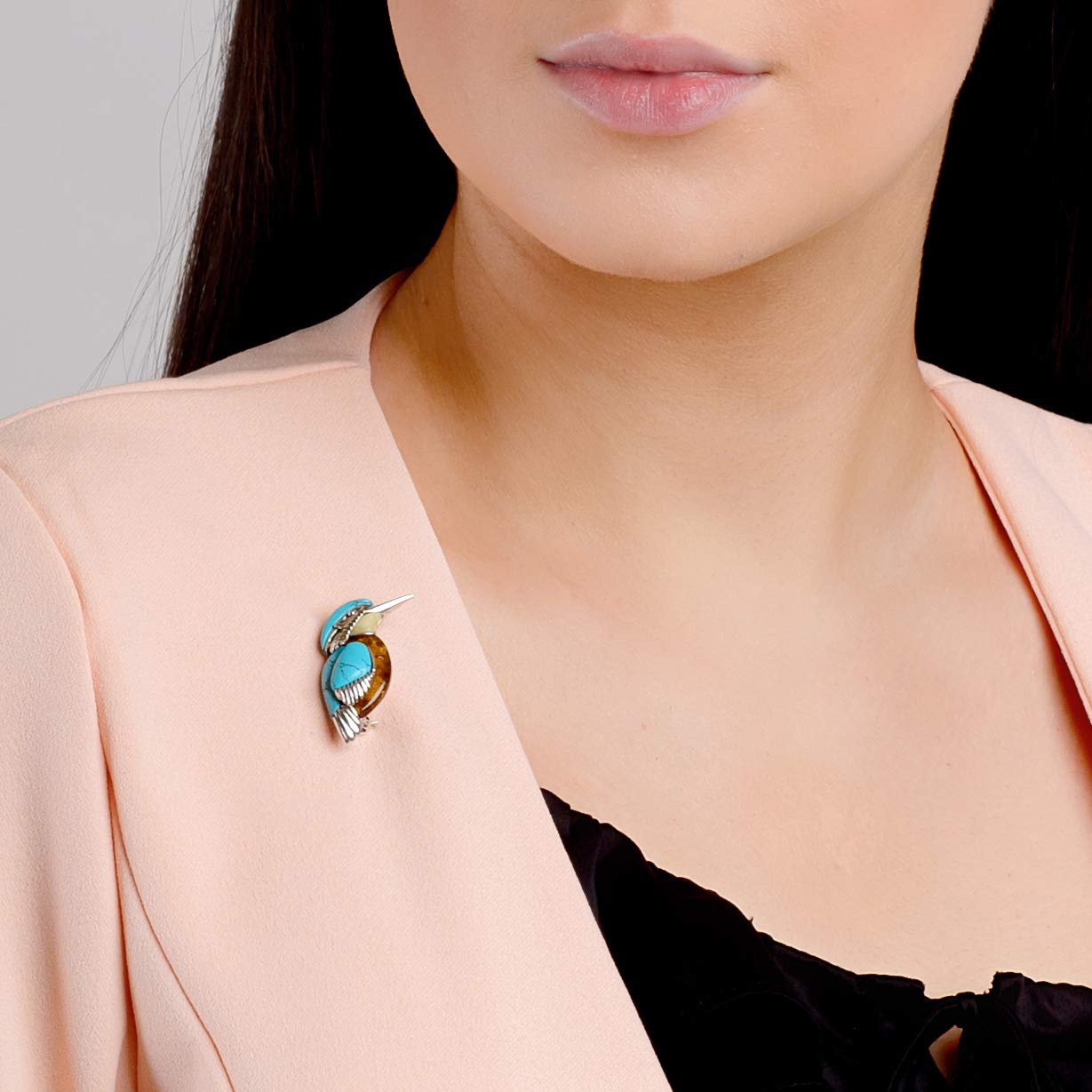 Kingfisher Brooch Pin in Sterling Silver, Amber and Turquoise