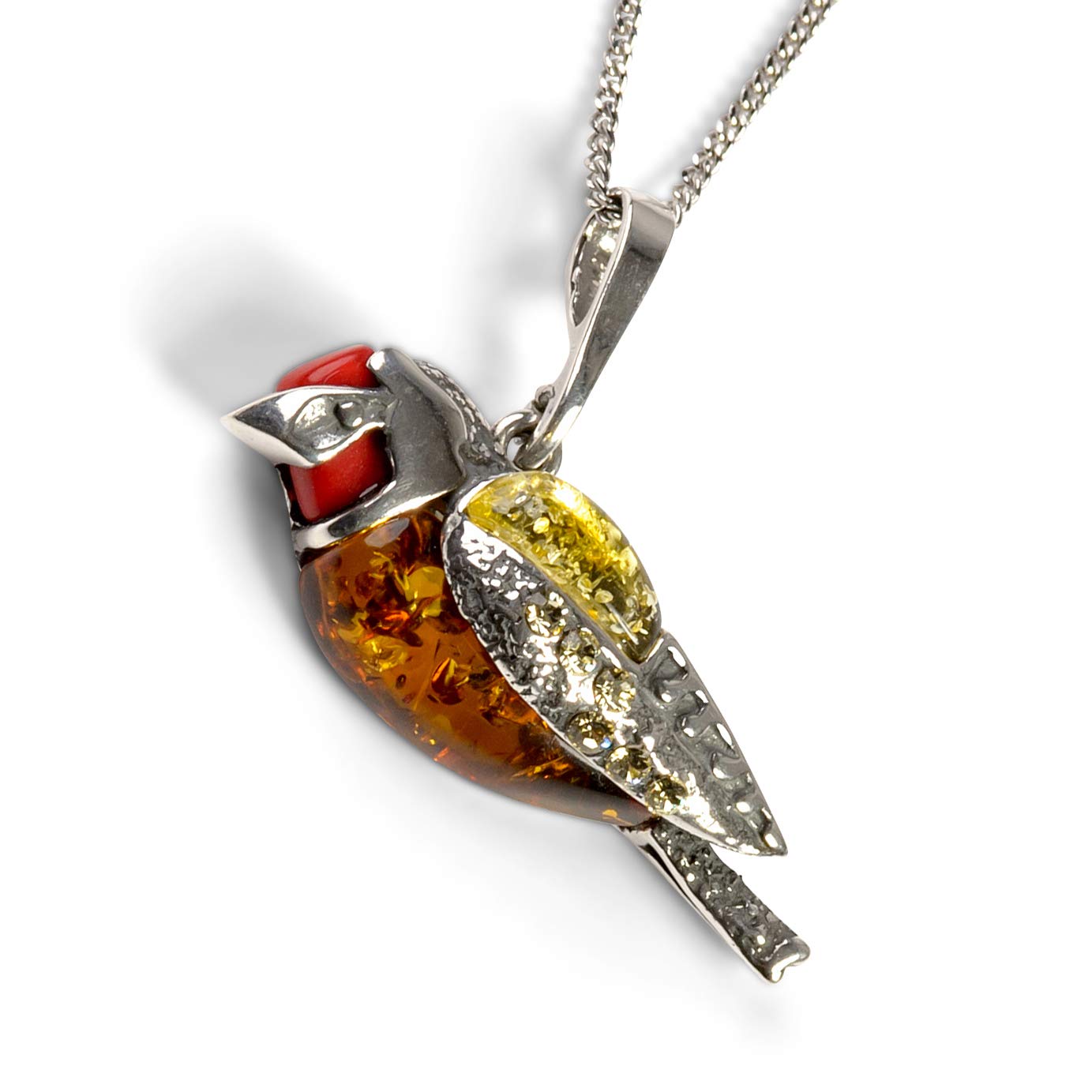 goldfinch design necklace in silver amber and coral