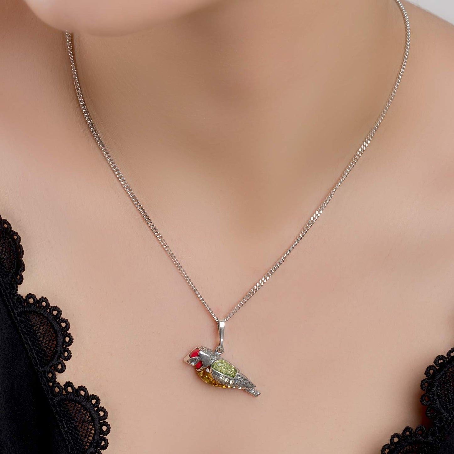 Goldfinch Necklace in Silver, Amber and Coral