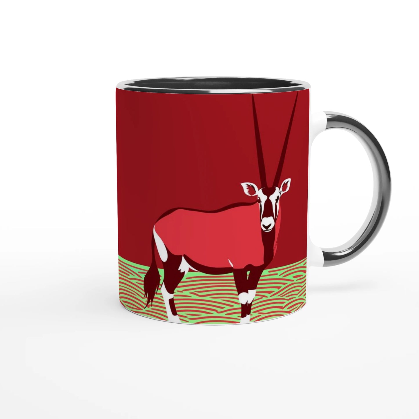 ceramic coffee mug with an abstract African oryx design in red