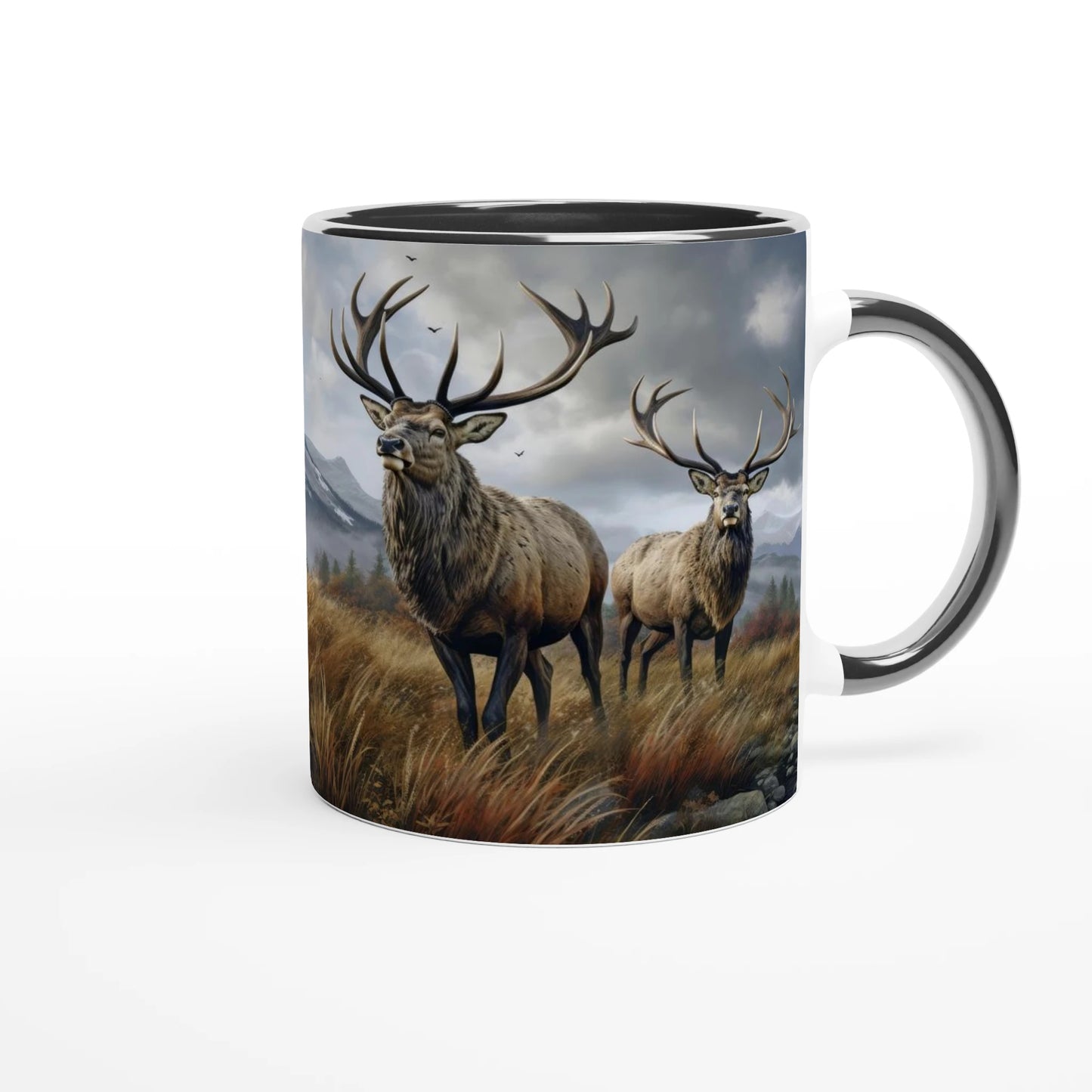 two majestic looking elk in a wild setting on a ceramic coffee mug