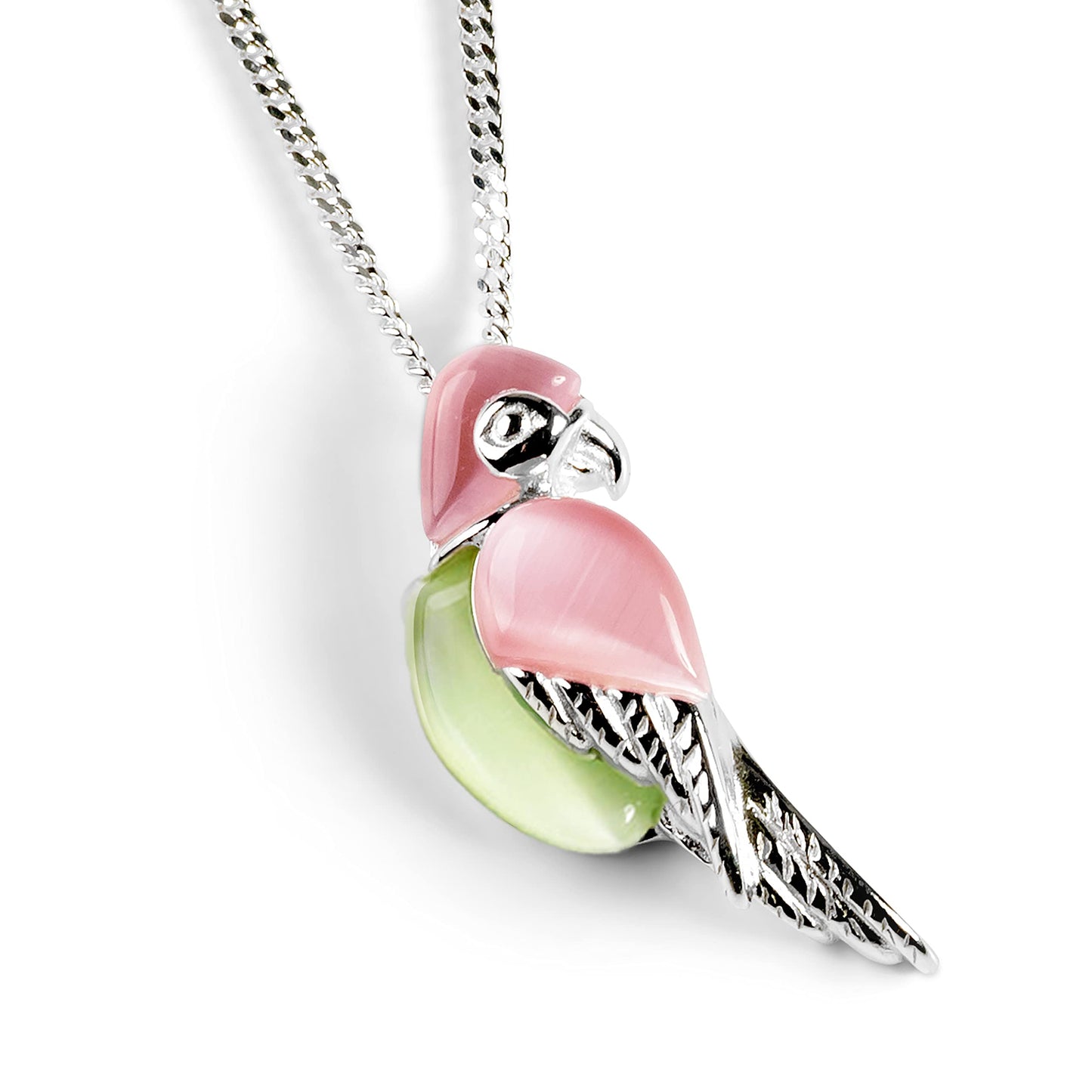 Silver parrot-shaped pendant with pink and green syones on a chain against a white background