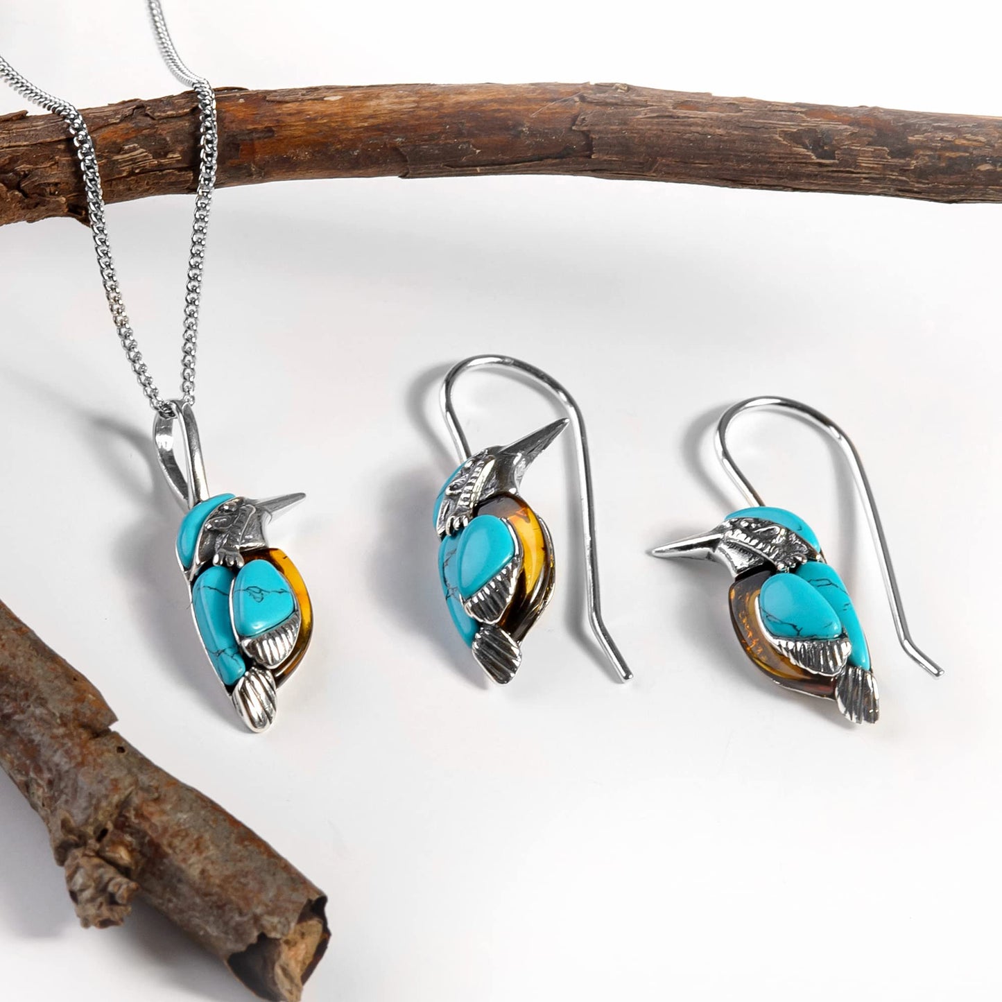 Kingfishe Necklace in Silver, Amber and Turquoise