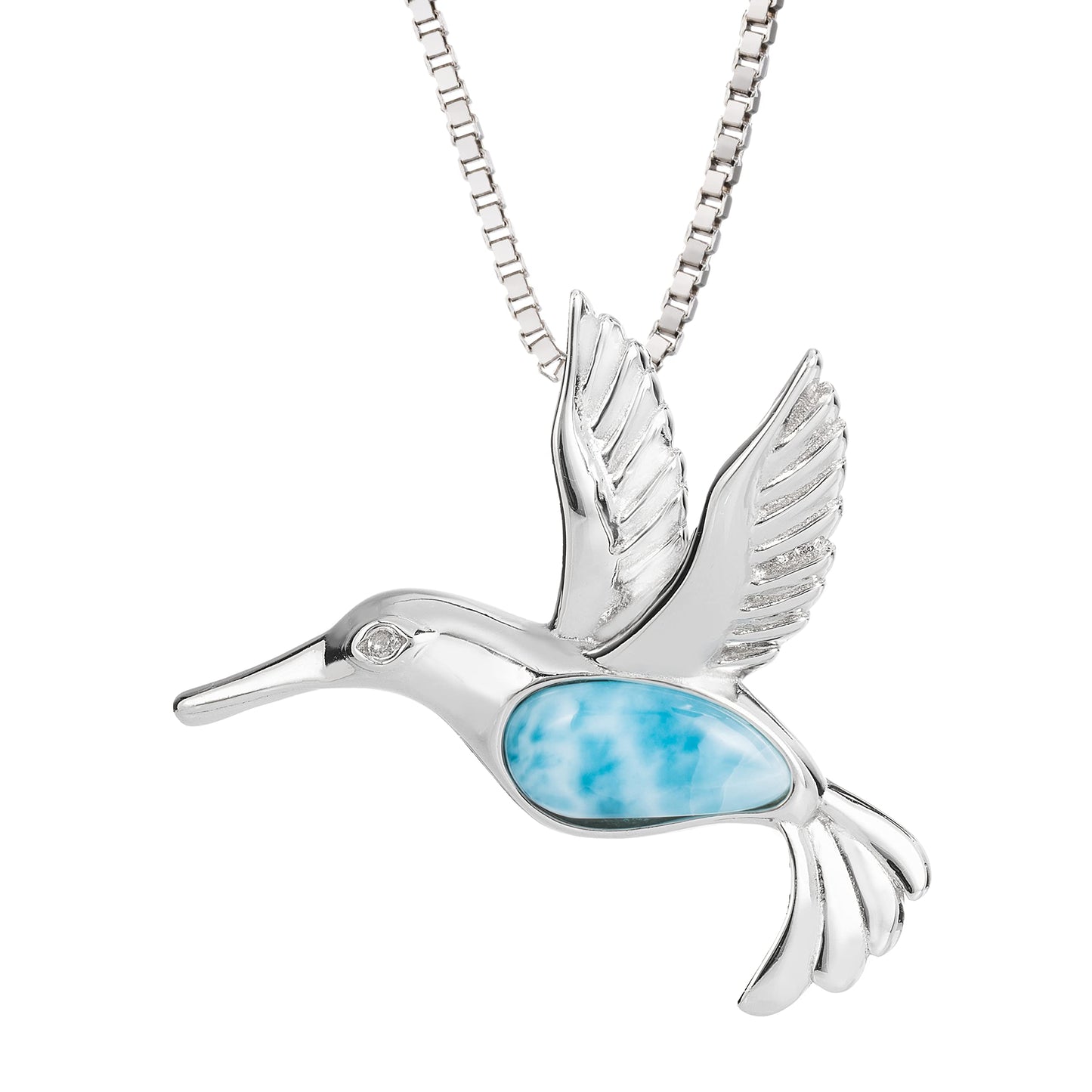 silver hummingbird necklace pendant with blue gemstone