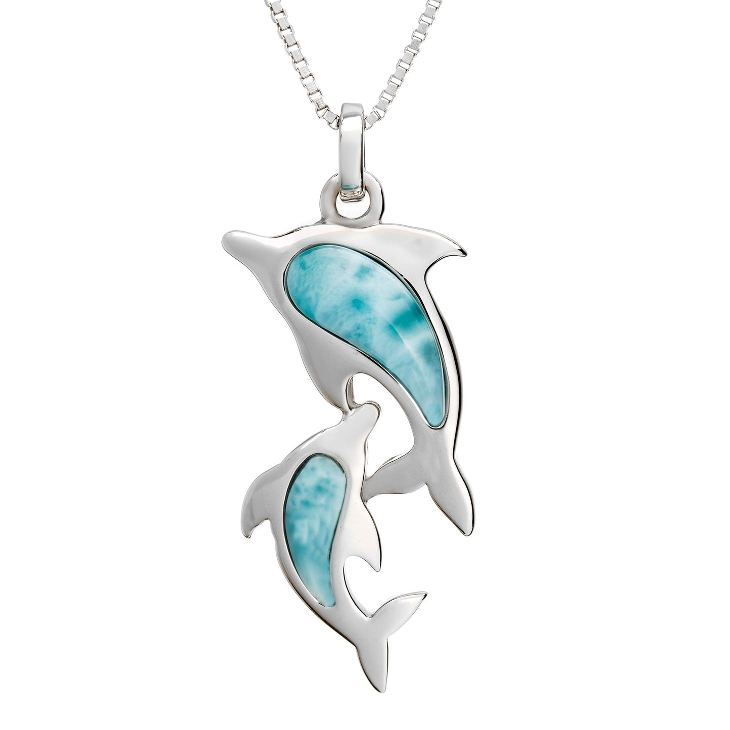 silver dolphin necklace pendant with turquoise stone on a white background