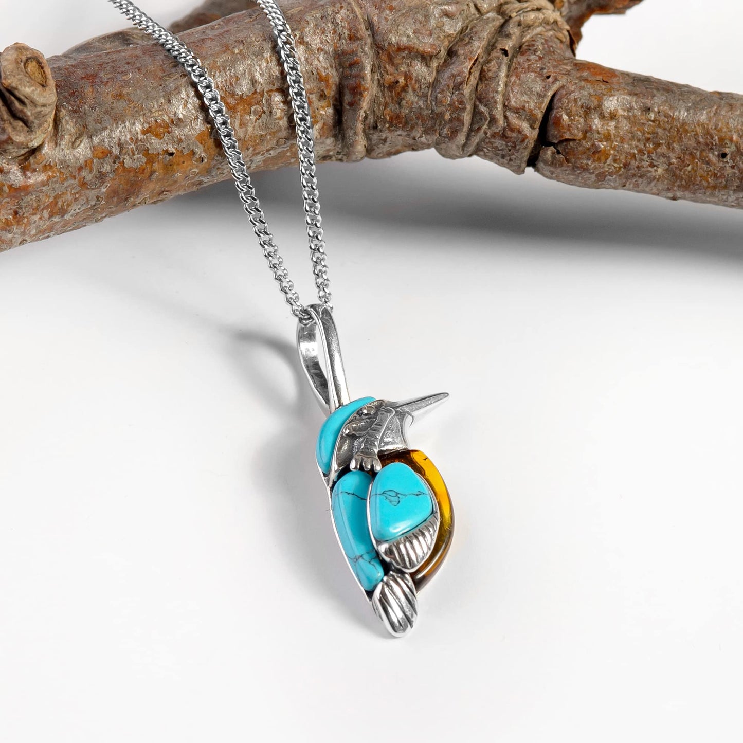 Kingfishe Necklace in Silver, Amber and Turquoise