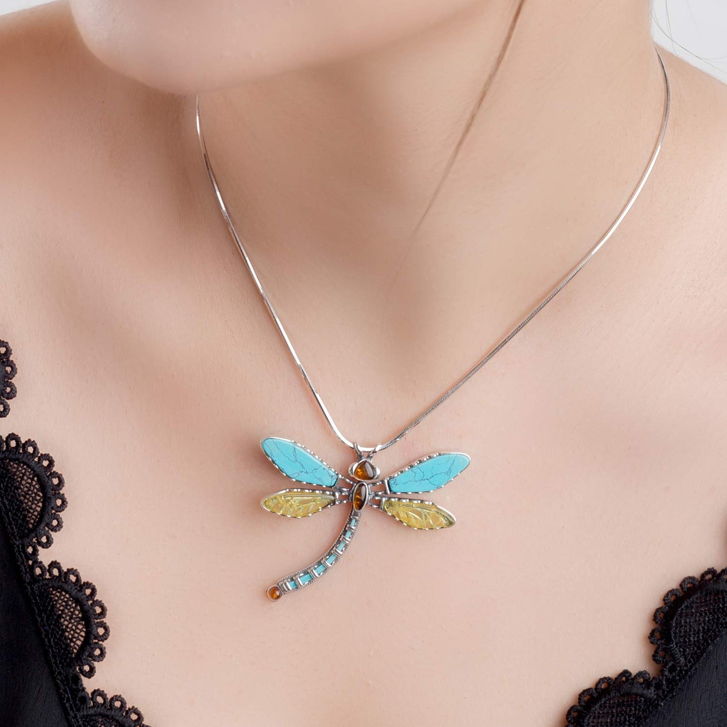 Dragonfly Necklace in Silver, Turquoise and Amber