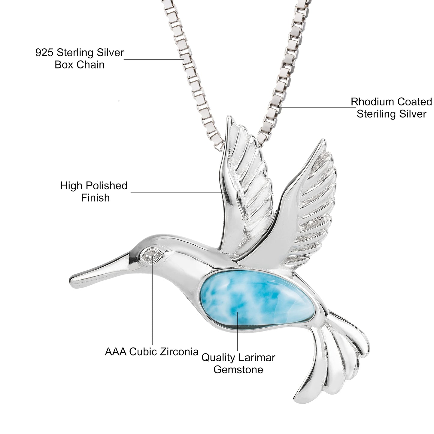 Hummingbird Necklace in Sterling Silver and Natural Larimar