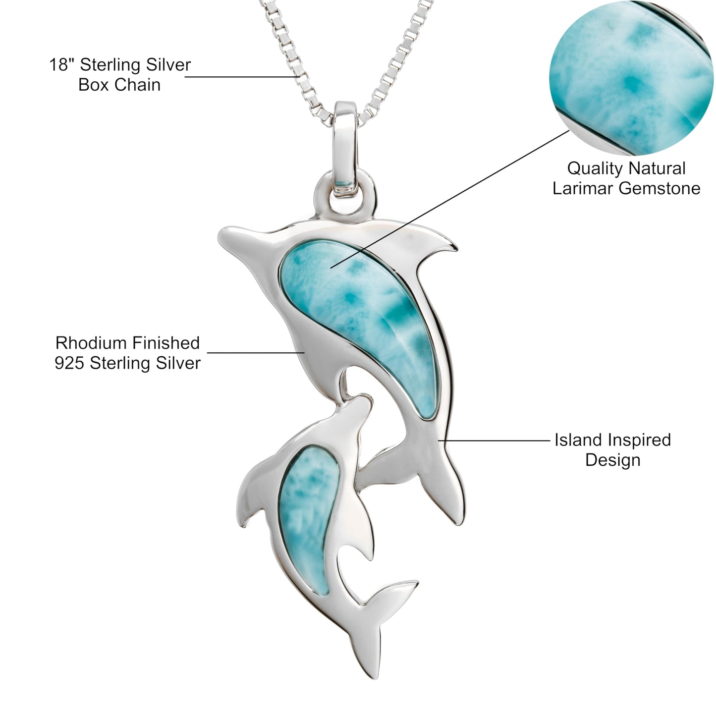 Dolphin Necklace in Sterling Silver and Natural Larimar