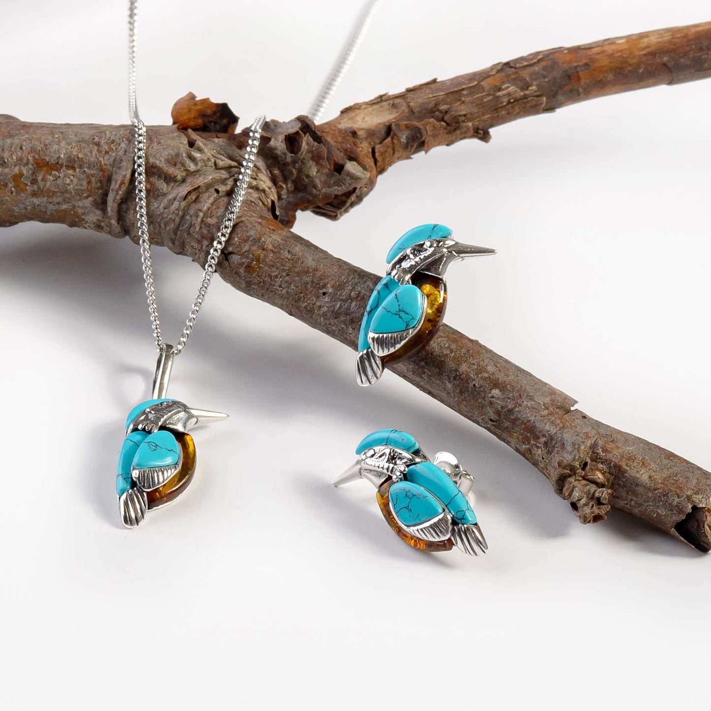 Kingfishe Necklace in Silver, Amber and Turquoise