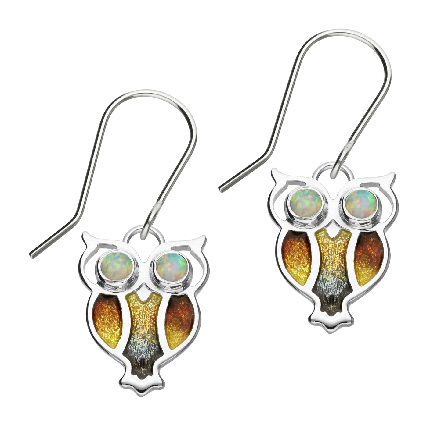 owl drop earings in silver with earth toned enamel and white opal on a white background