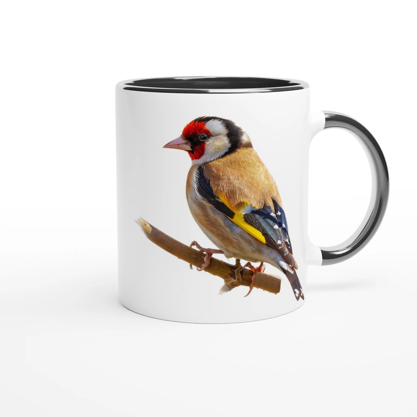 goldfinch design on a white coffee mug