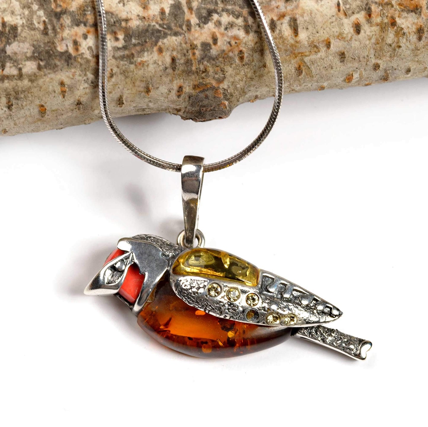 Goldfinch Necklace in Silver, Amber and Coral