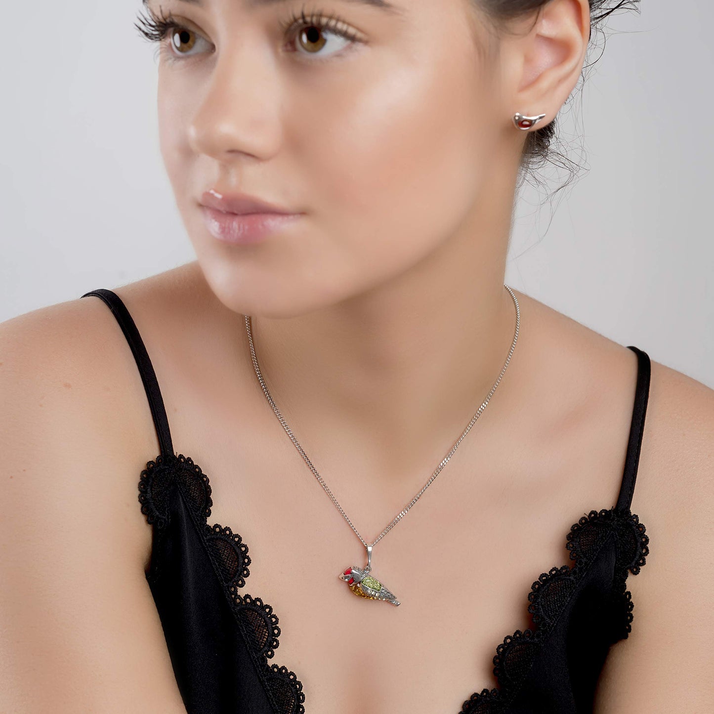 Goldfinch Necklace in Silver, Amber and Coral