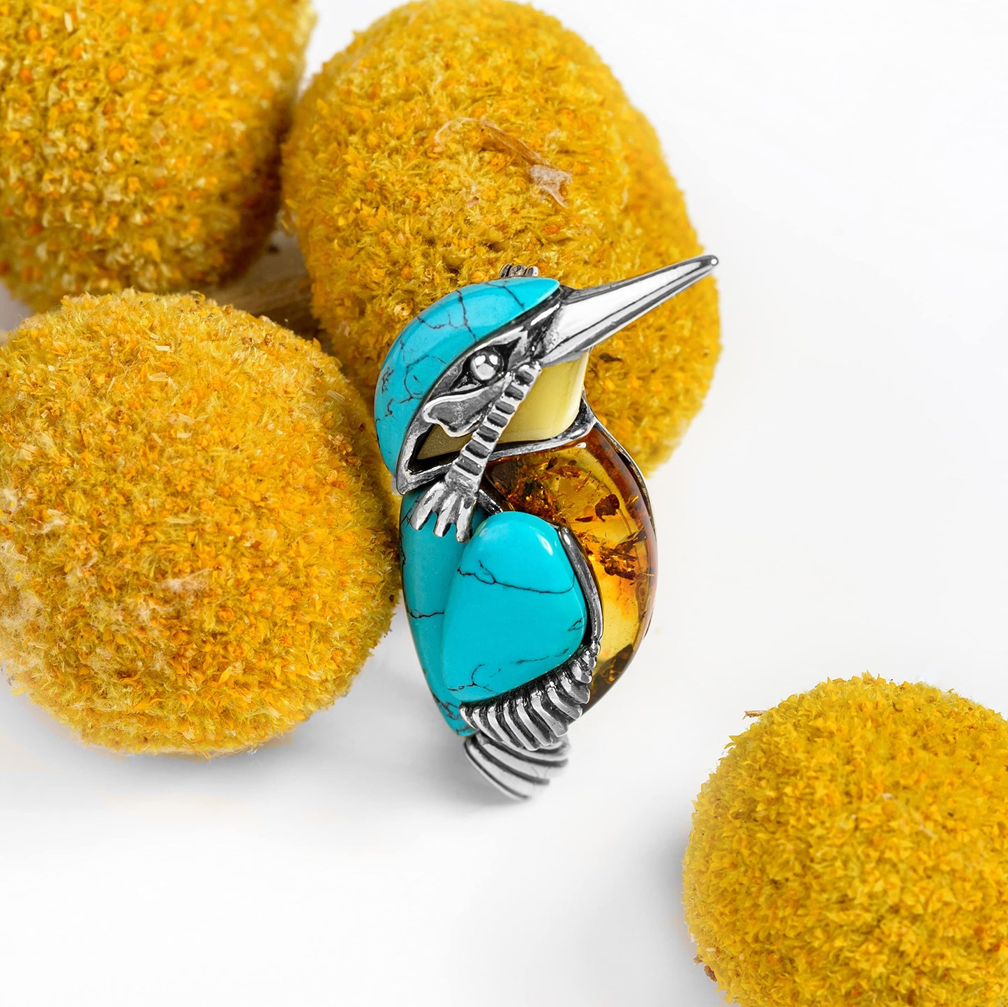 Kingfisher Brooch Pin in Sterling Silver, Amber and Turquoise