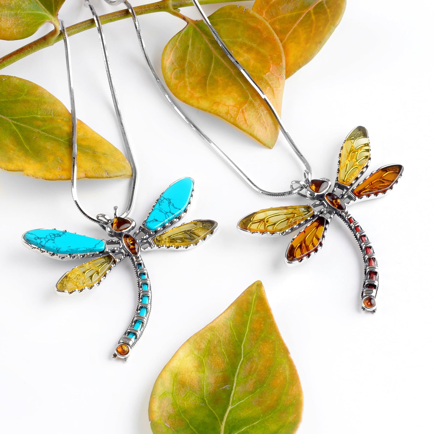 Dragonfly Necklace in Silver, Turquoise and Amber