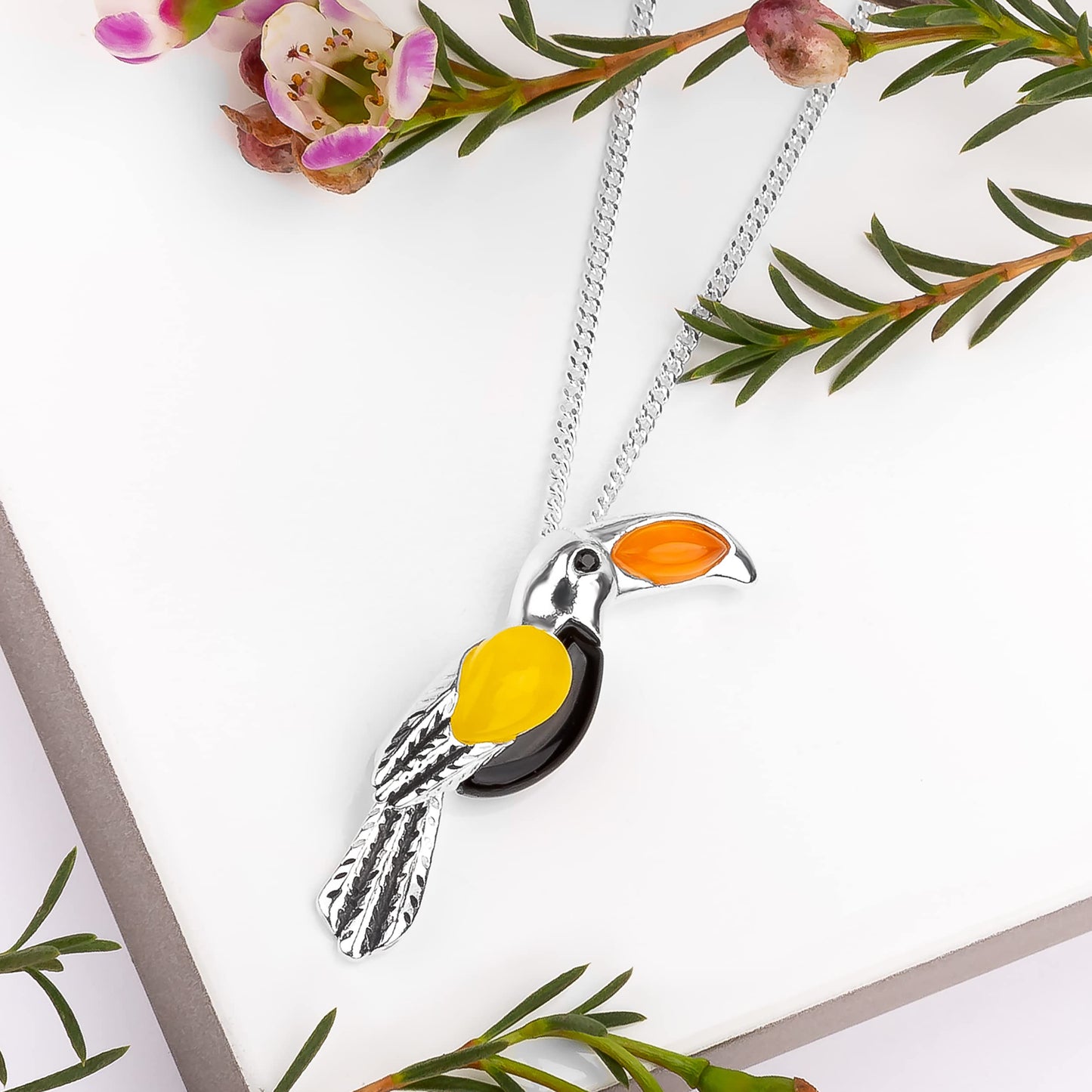 Toucan Bird Necklace in Silver, Onyx and Camelian
