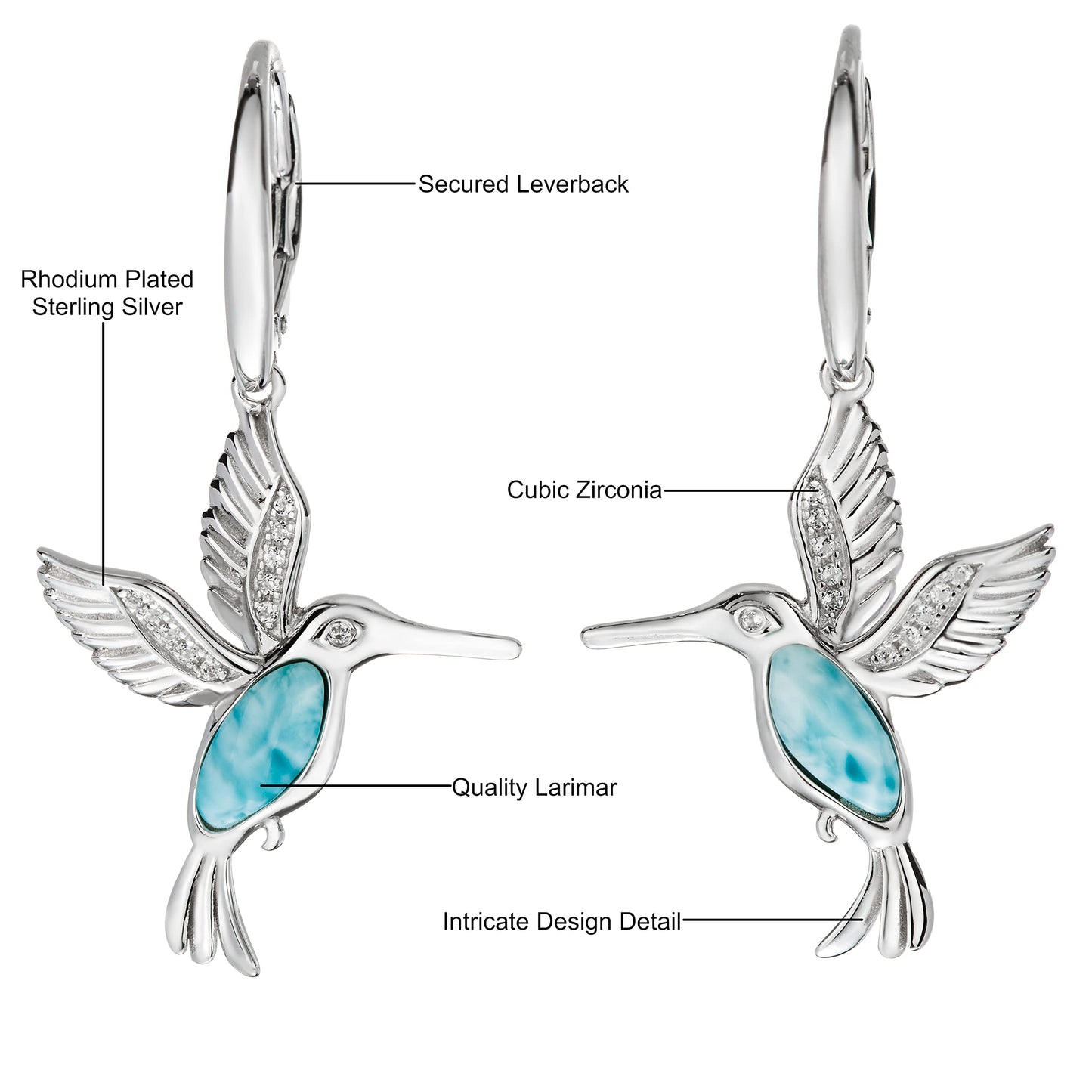 Hummingbird Dangle Earrings in Silver and Natural Larimar