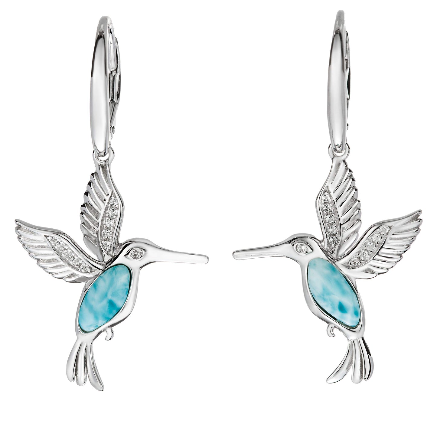 silver hummingbird earrings with natural turquoise gemstone on a white background
