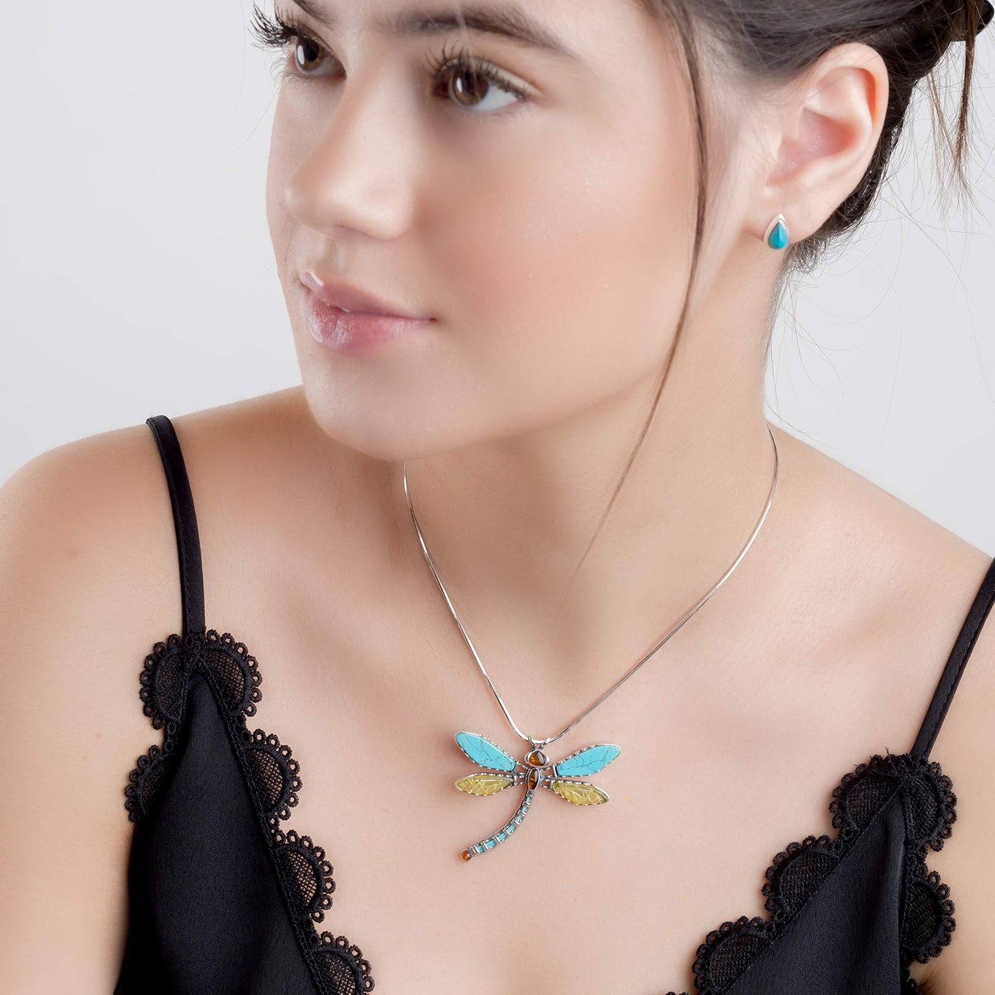Dragonfly Necklace in Silver, Turquoise and Amber