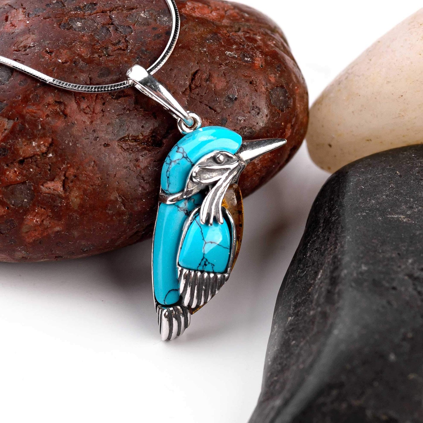 Kingfisher Bird Necklace in Silver, Turquoise and Baltic Amber