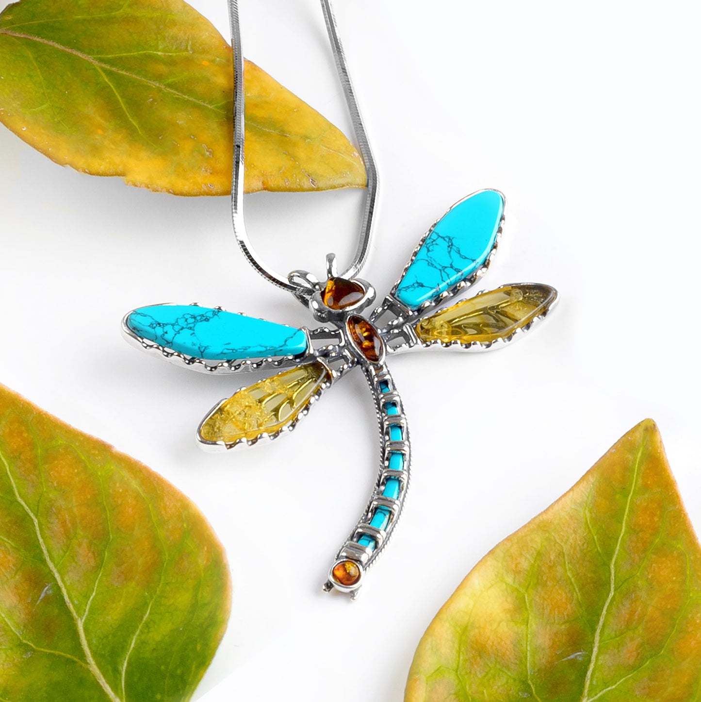 Dragonfly Necklace in Silver, Turquoise and Amber
