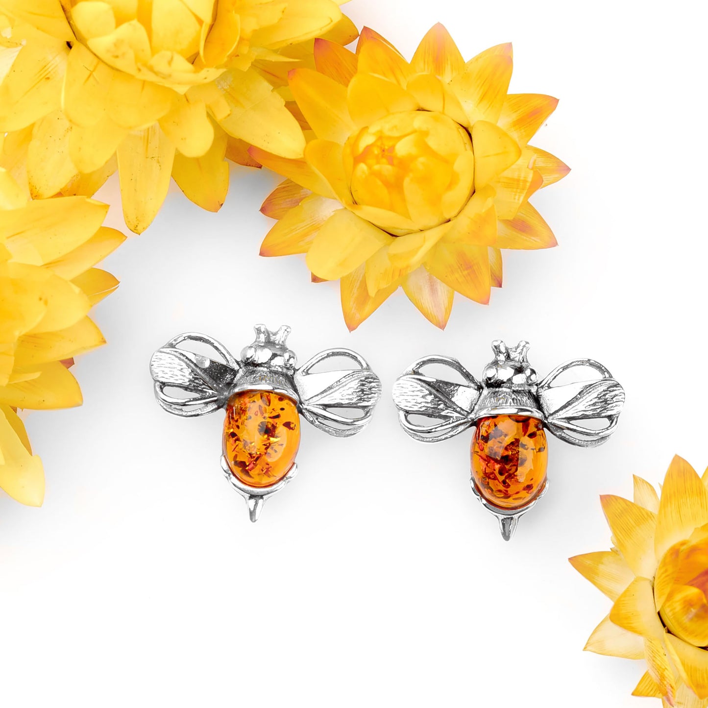 Bumble Bee Stud Earings in Silver and Amber