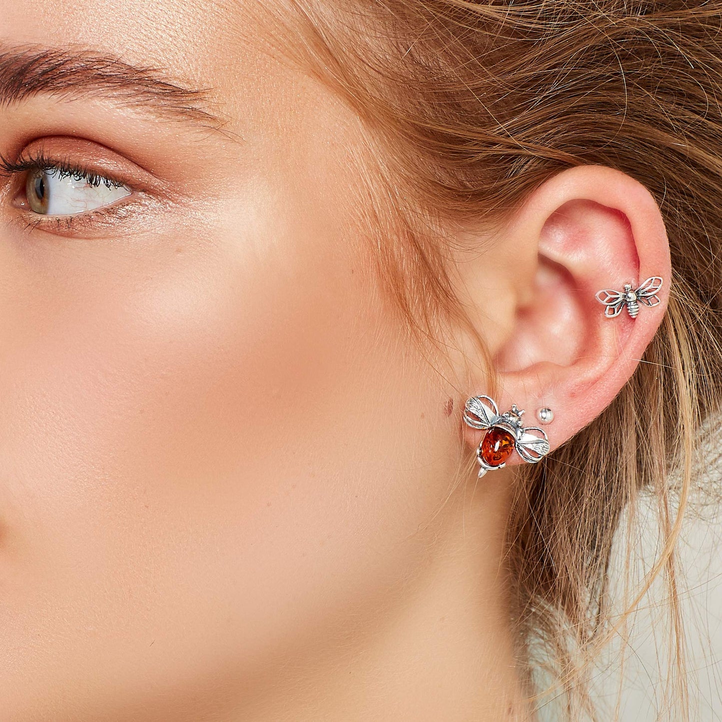Bumble Bee Stud Earings in Silver and Amber