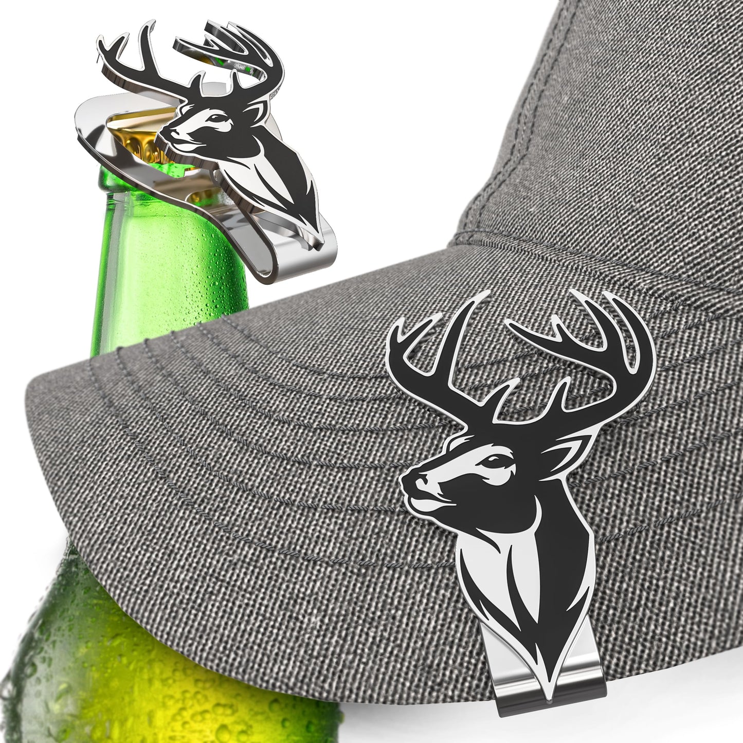 Bottle opener with deer design attached to a gray cap next to a green bottle.