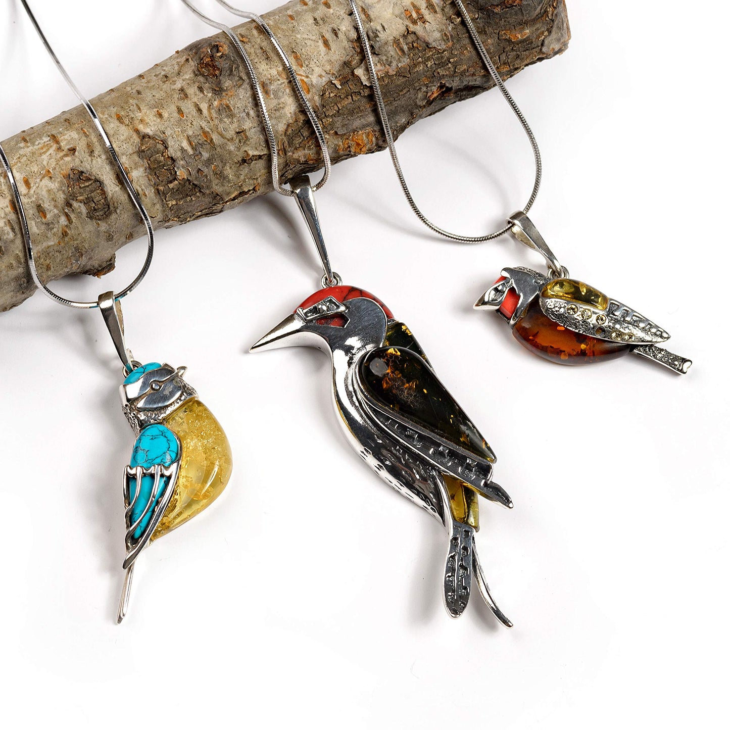 Goldfinch Necklace in Silver, Amber and Coral