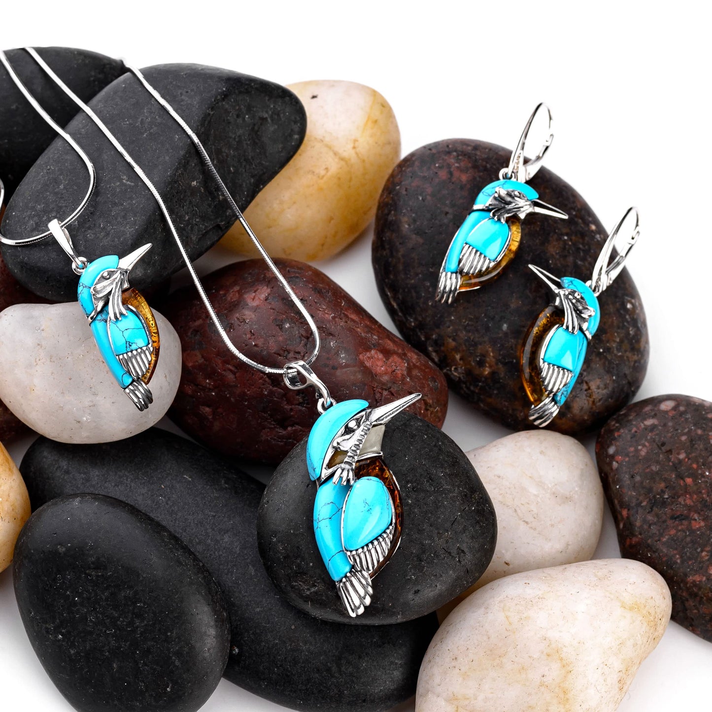 Kingfisher Bird Necklace in Silver, Turquoise and Baltic Amber