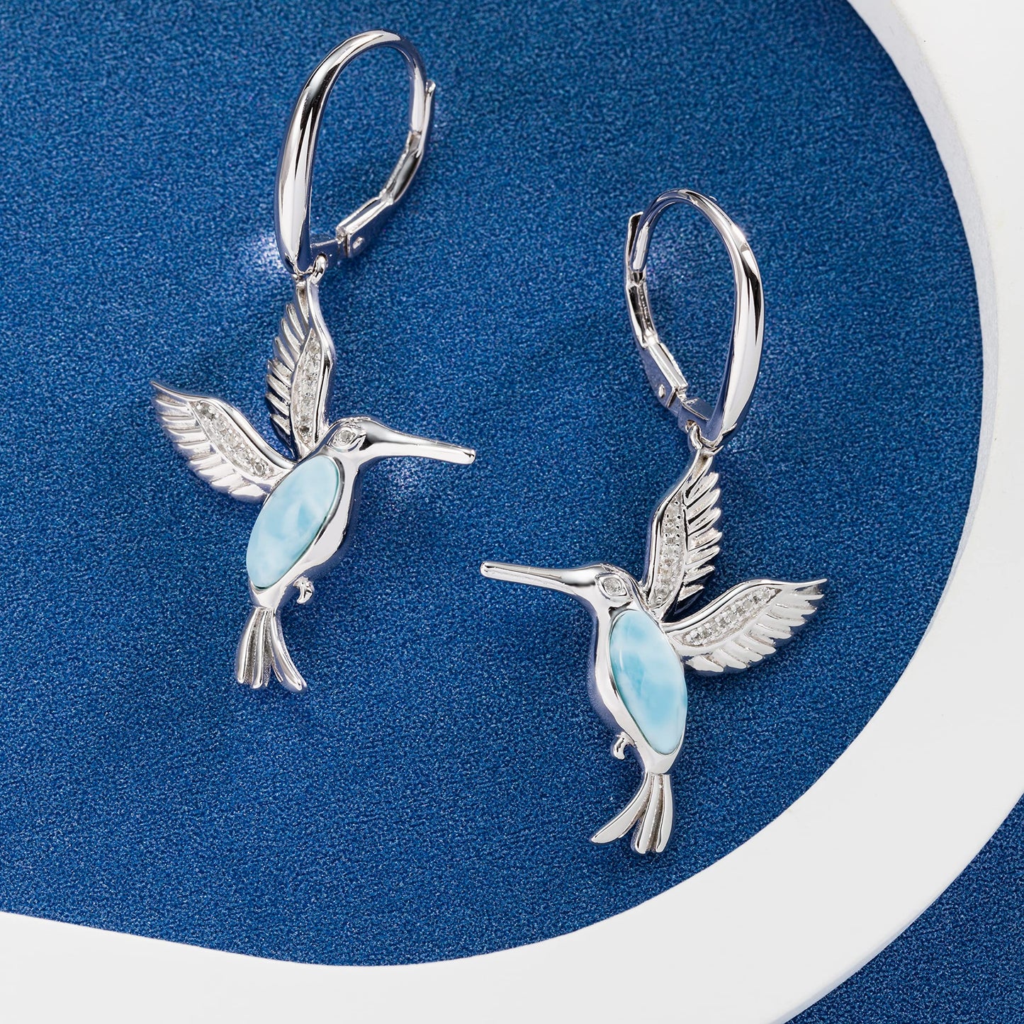 Hummingbird Dangle Earrings in Silver and Natural Larimar