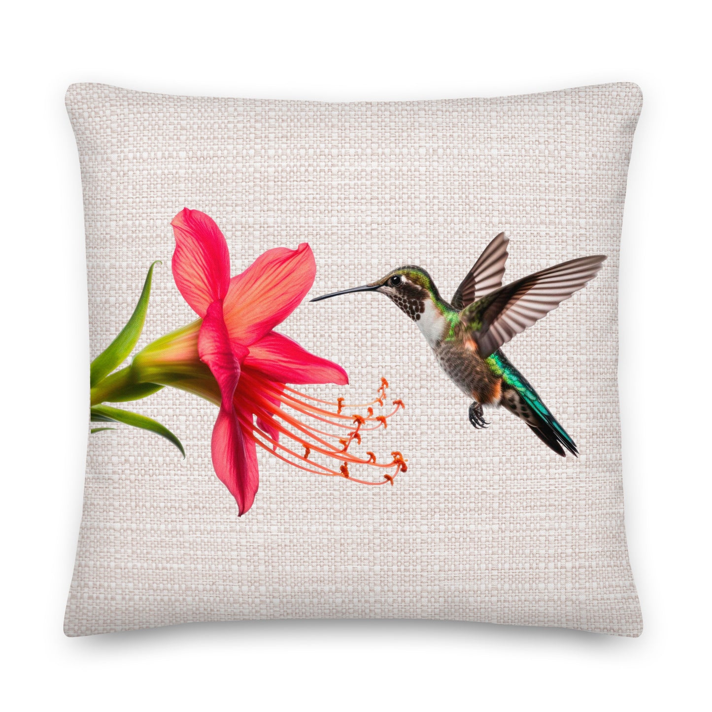 hummingbird and red flower on a grey cushion