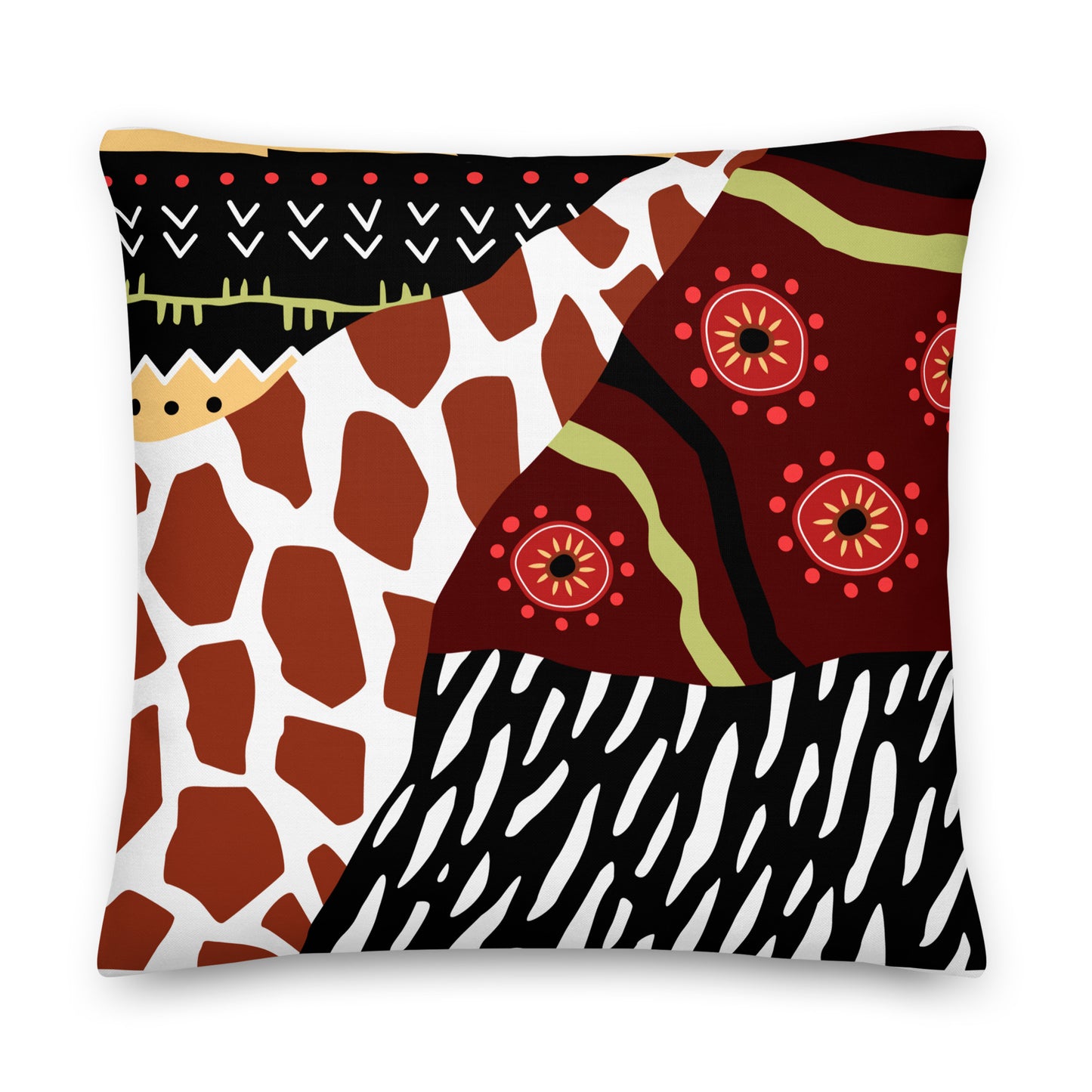 Decorative pillow with a mix of patterns including giraffe, zebra, and abstract designs