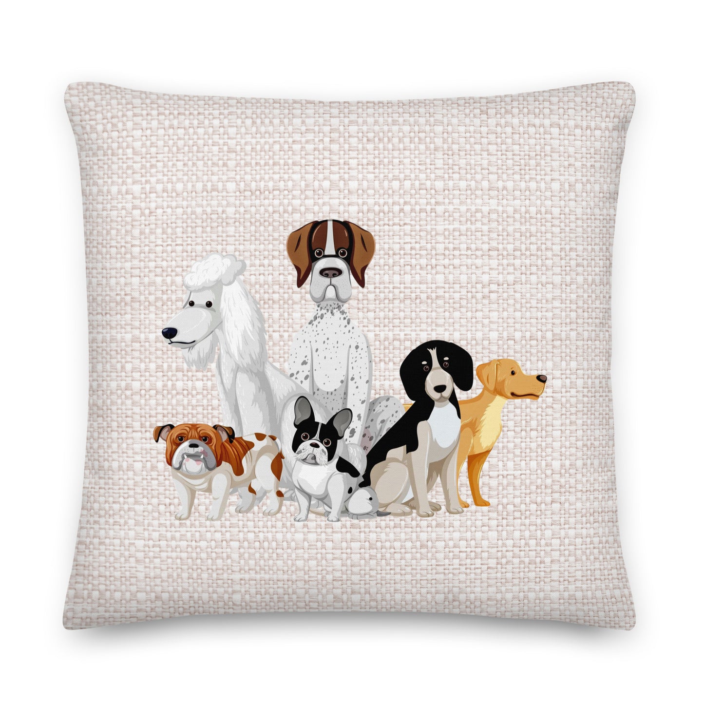 Decorative pillow with illustrations of six different dogs on a textured beige background