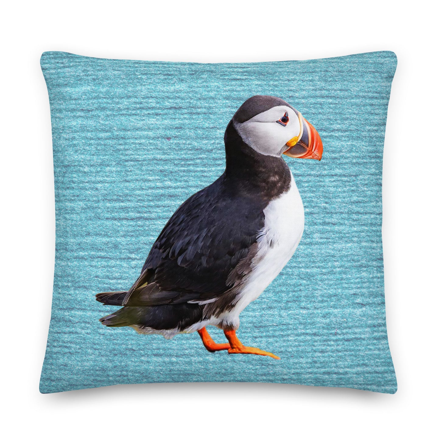 colourful atlantic puffin on a blue cushion