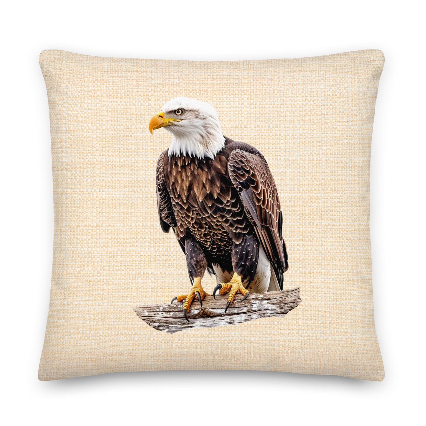 cushion throw pillow with a bald eagle design on a beige background