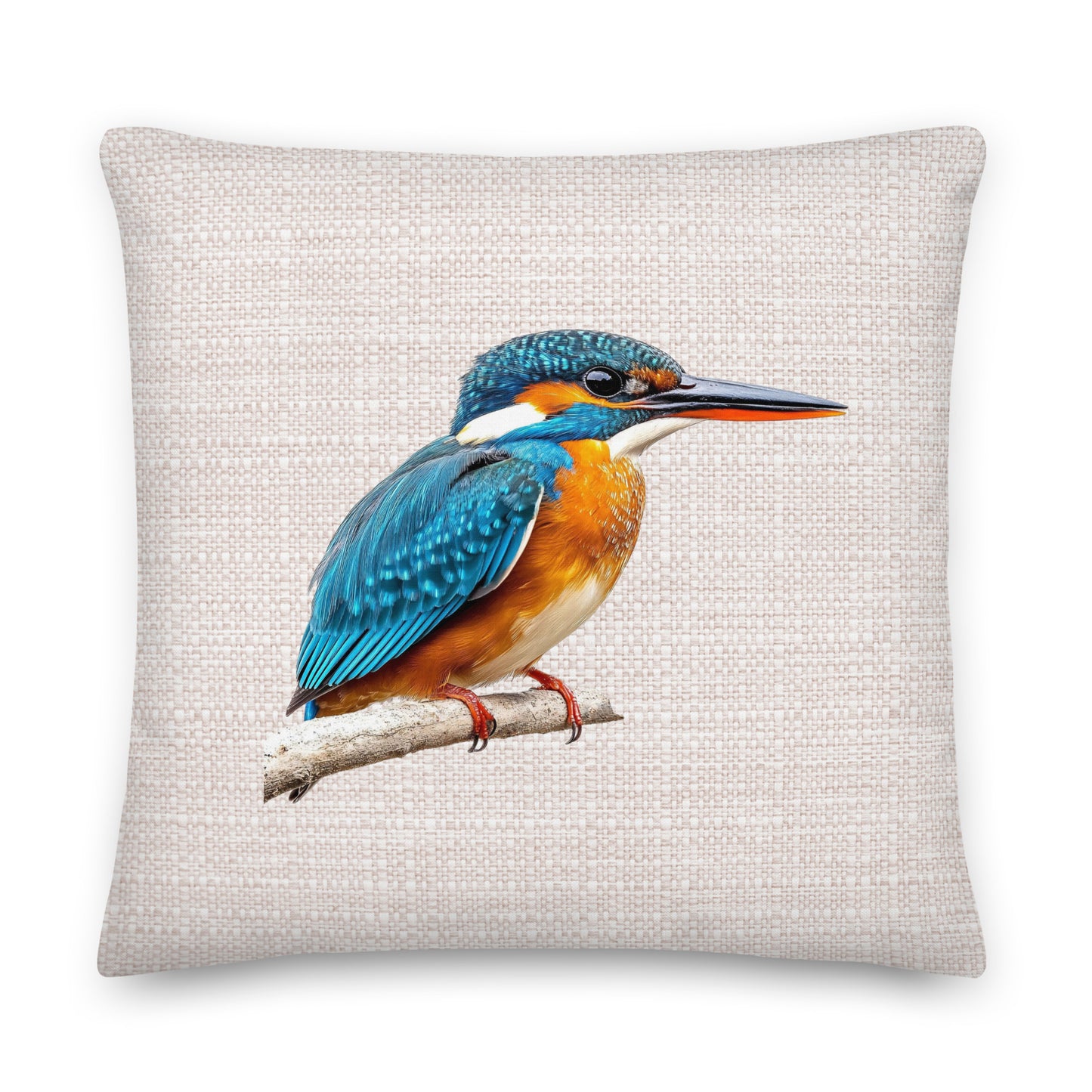 cushion throw pillow with a kingfisher bird design on a neutral background