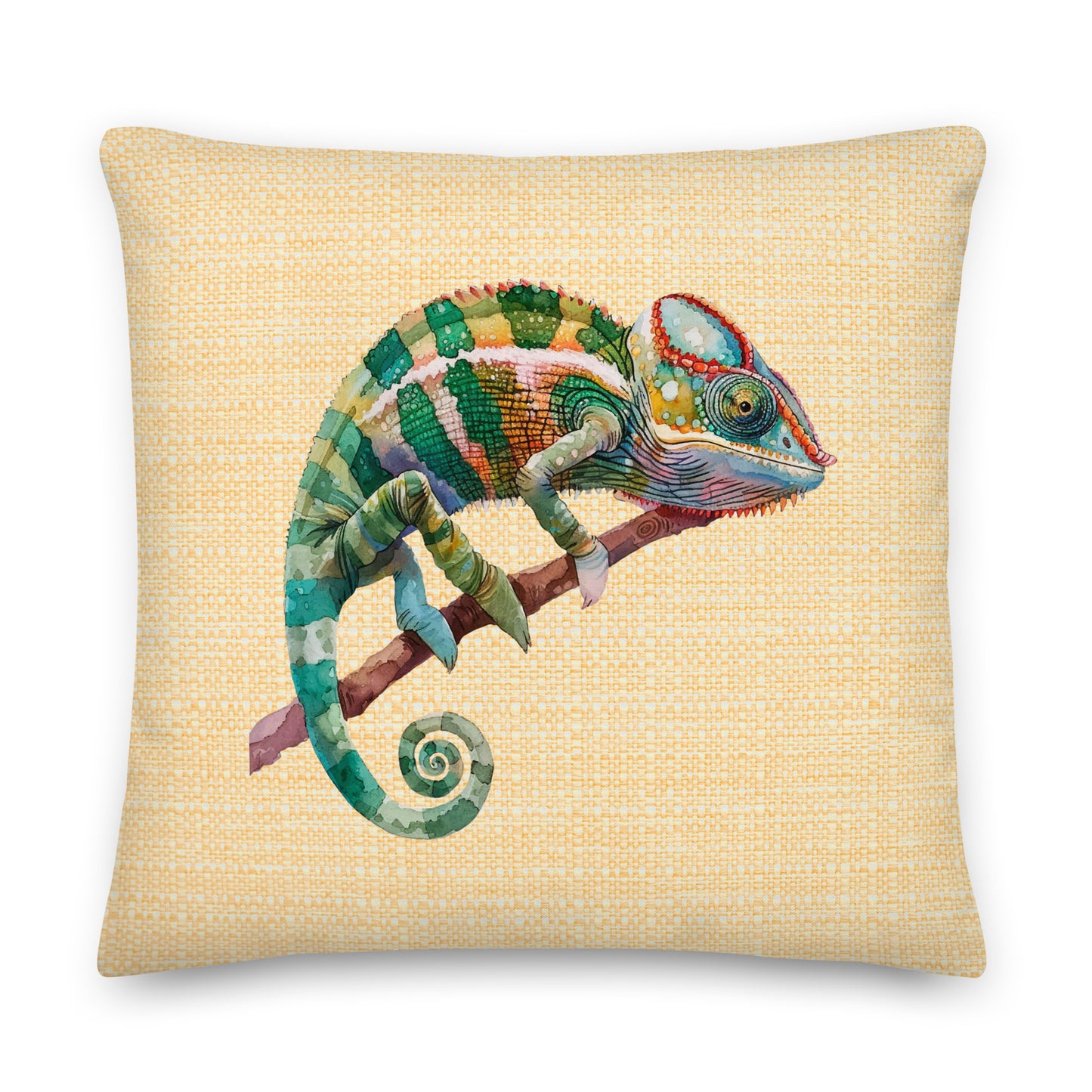 colourful chameleon design on a beige cushion pillow
